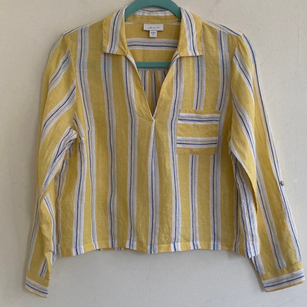 J Jill Linen Striped Gauzy Linen Blouse Sz Small Petite Nantucket Beach Nautical